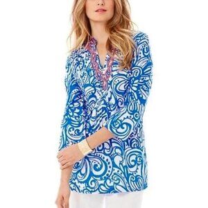 Lilly Pulitzer Blue White Pink Sarasota Beaded Tunic Top - 35525